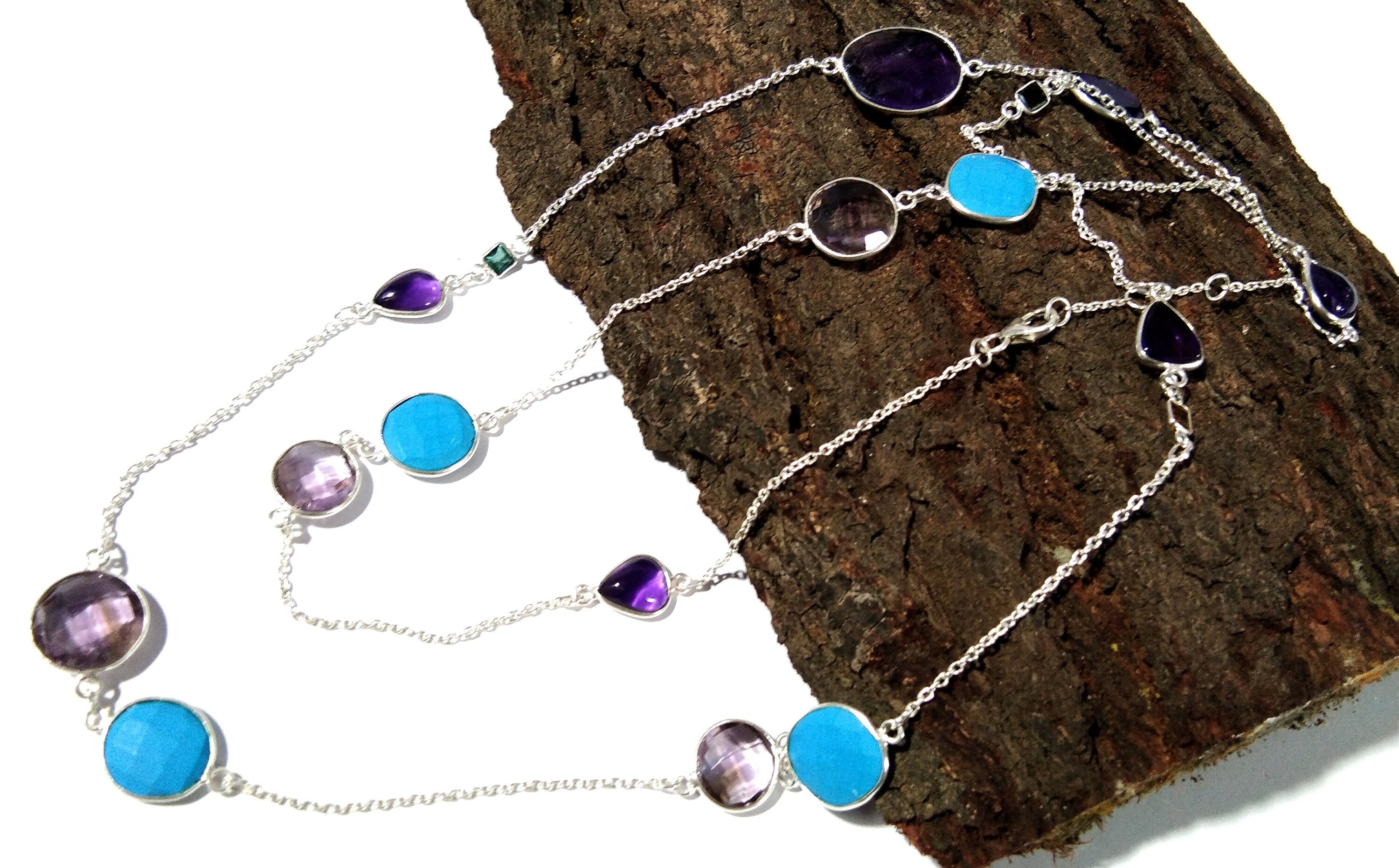 36'' Log Necklace In 925 Silver, Multi Gemstone Log Chain Necklace, Handmade Making Bezel Necklace For Girls & Women.